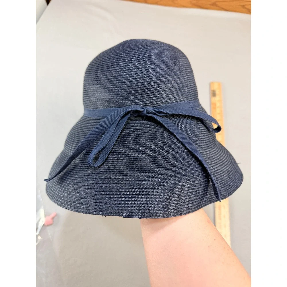 Eric Javits New York Black Woven Packable Sun Hat Wide Brim Navy Bow Accent - Picture 7 of 7